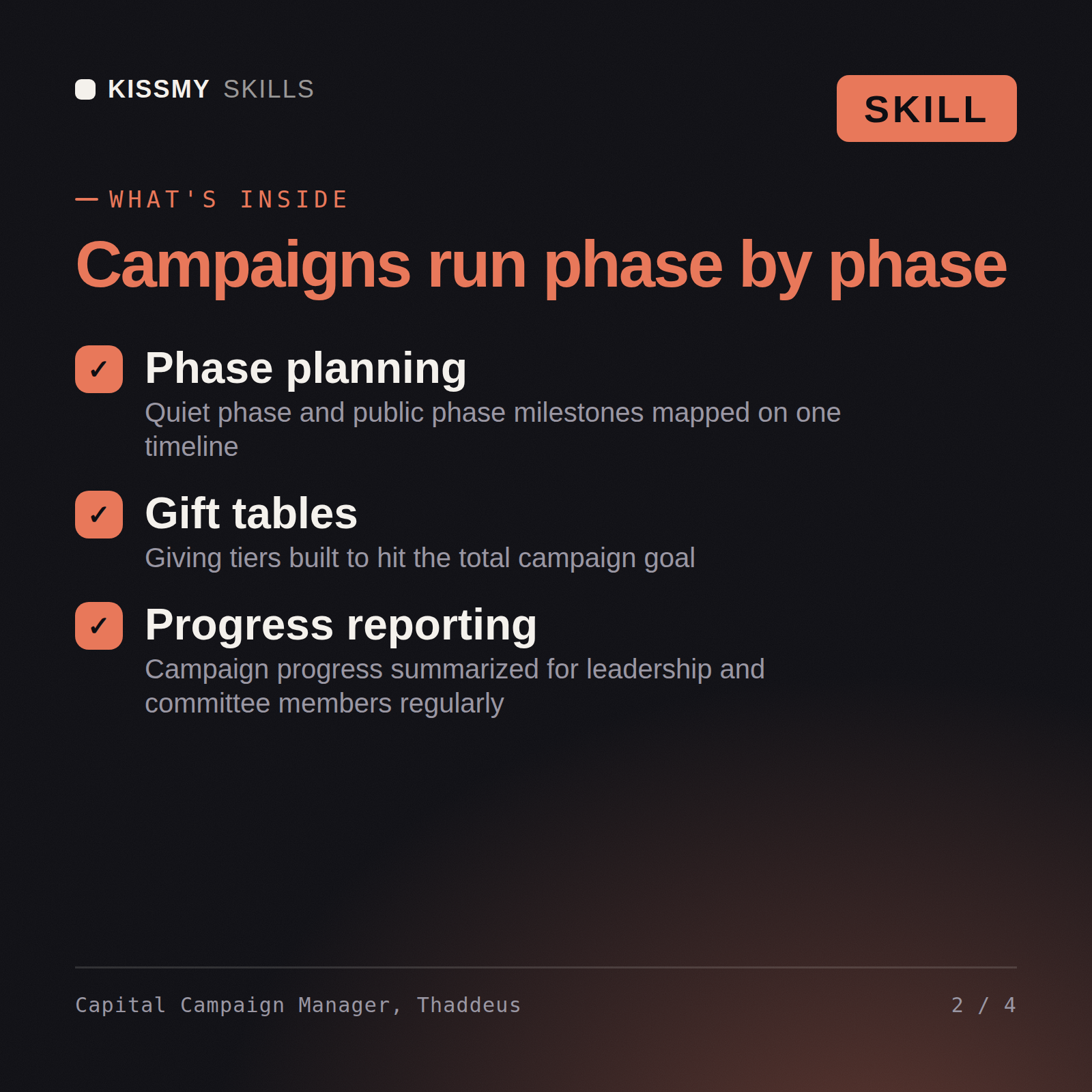 What's inside the Capital Campaign Manager, Thaddeus AI skill: Phase planning, Gift tables, Progress reporting