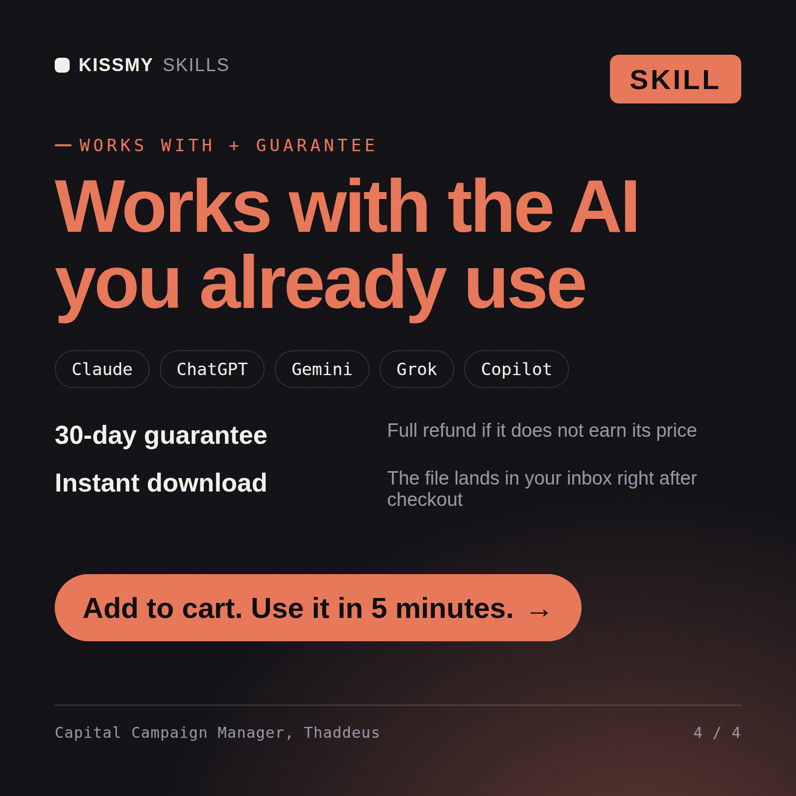 The Capital Campaign Manager, Thaddeus AI skill works with Claude, ChatGPT, Gemini and any AI chat, 30-day money-back guarantee