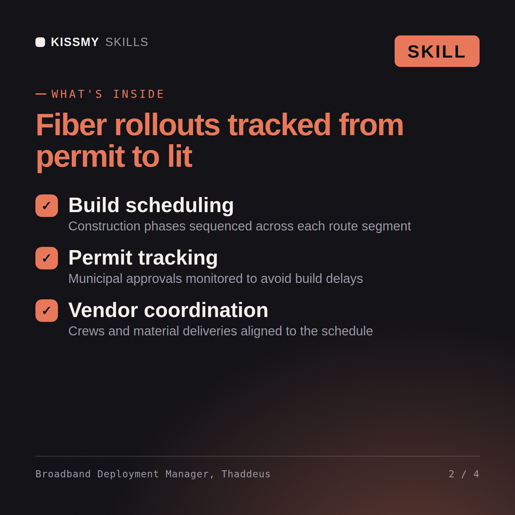 What's inside the Broadband Deployment Manager, Thaddeus AI skill: Build scheduling, Permit tracking, Vendor coordination