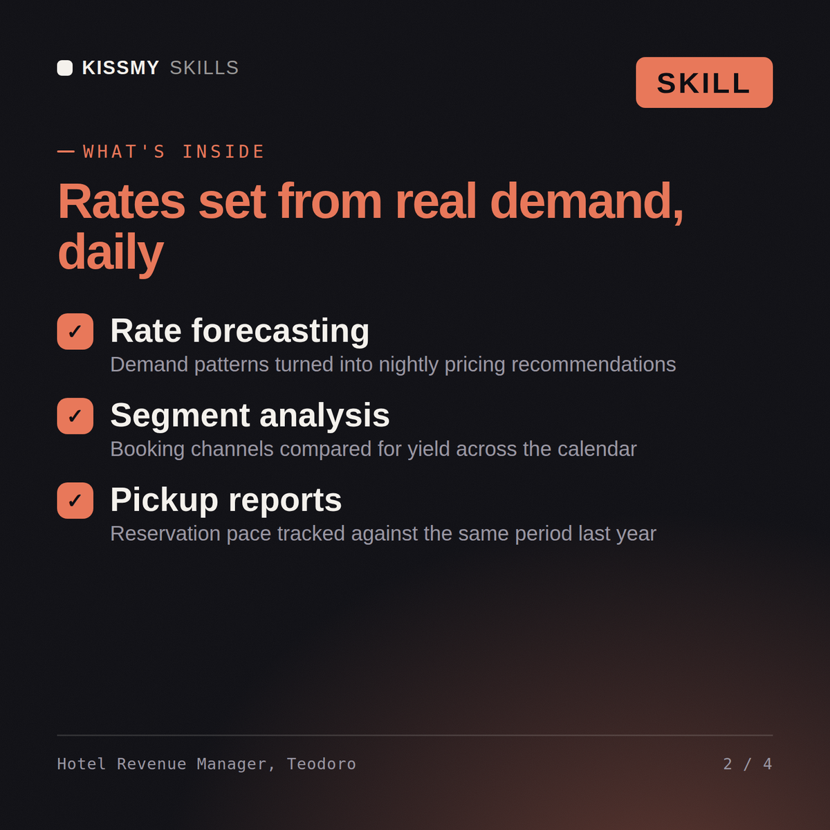 What's inside the Hotel Revenue Manager, Teodoro AI skill: Rate forecasting, Segment analysis, Pickup reports