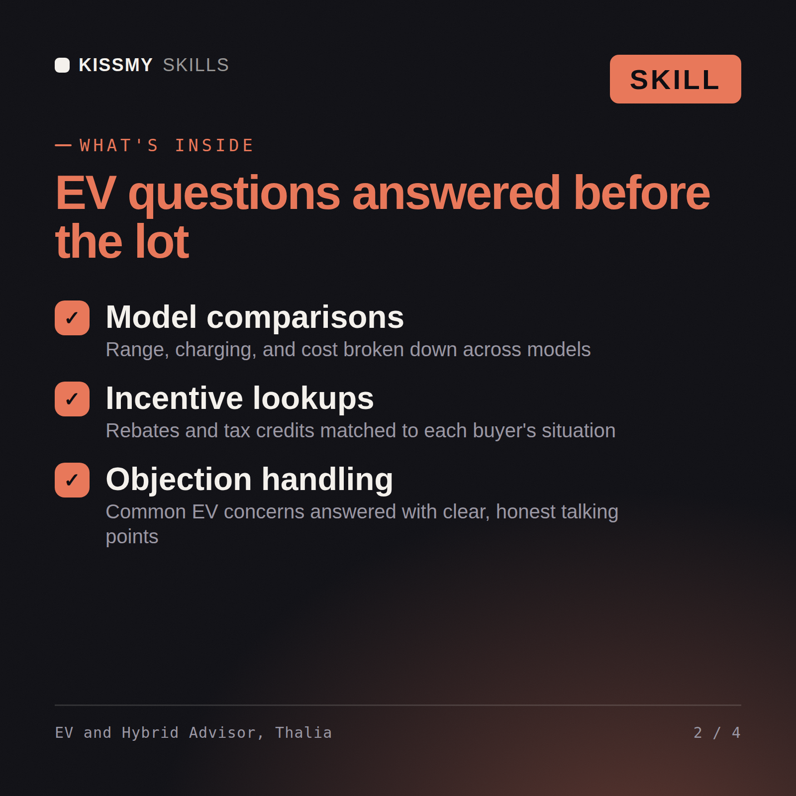 What's inside the EV and Hybrid Advisor, Thalia AI skill: Model comparisons, Incentive lookups, Objection handling