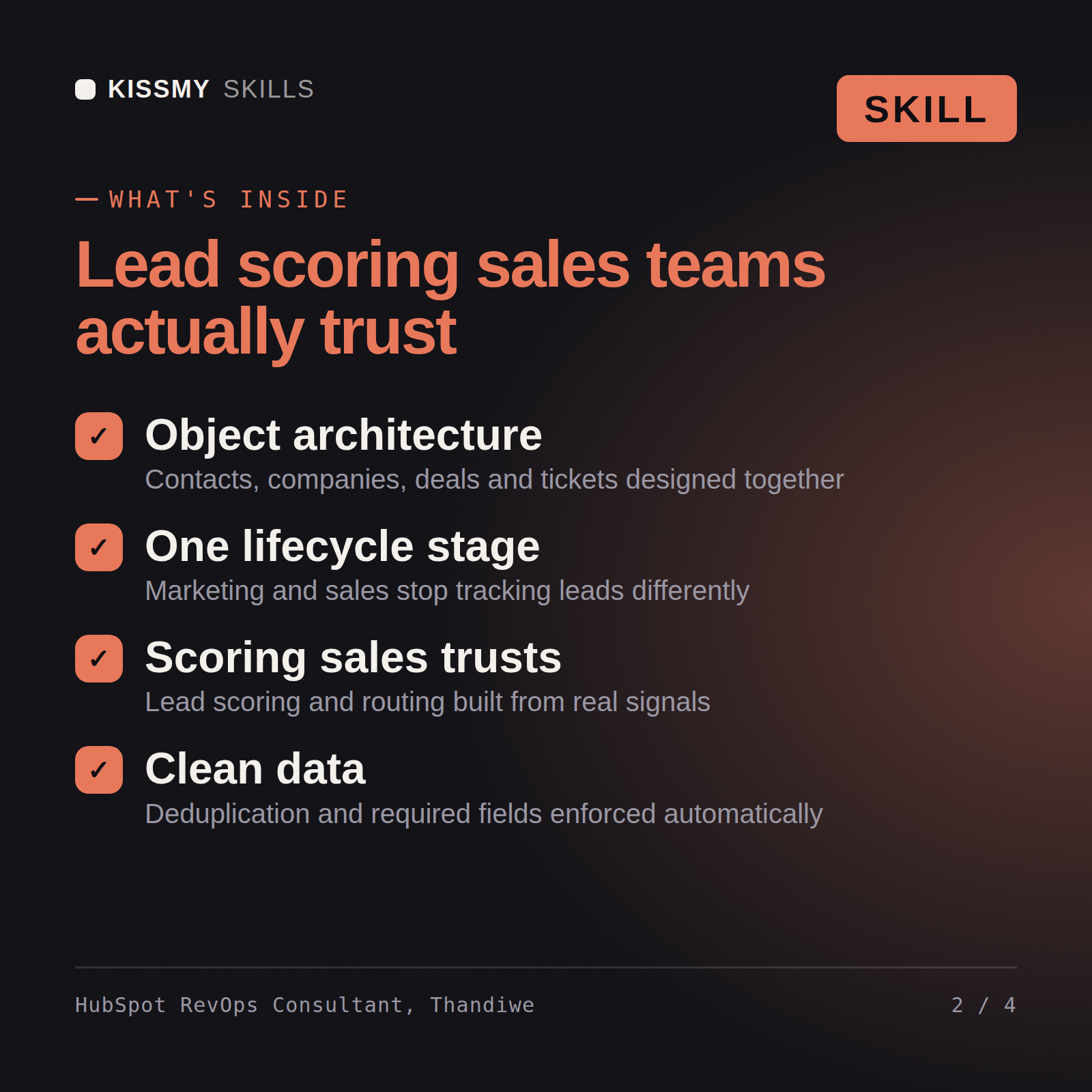 What's inside the HubSpot RevOps Consultant, Thandiwe AI skill: Object architecture, One lifecycle stage, Scoring sales trusts, Clean data