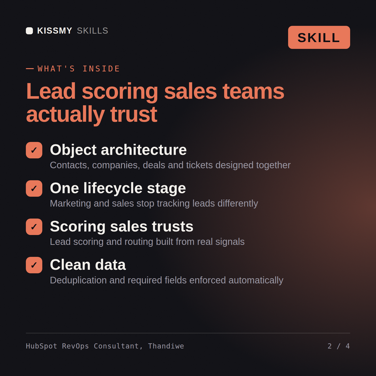 What's inside the HubSpot RevOps Consultant, Thandiwe AI skill: Object architecture, One lifecycle stage, Scoring sales trusts, Clean data