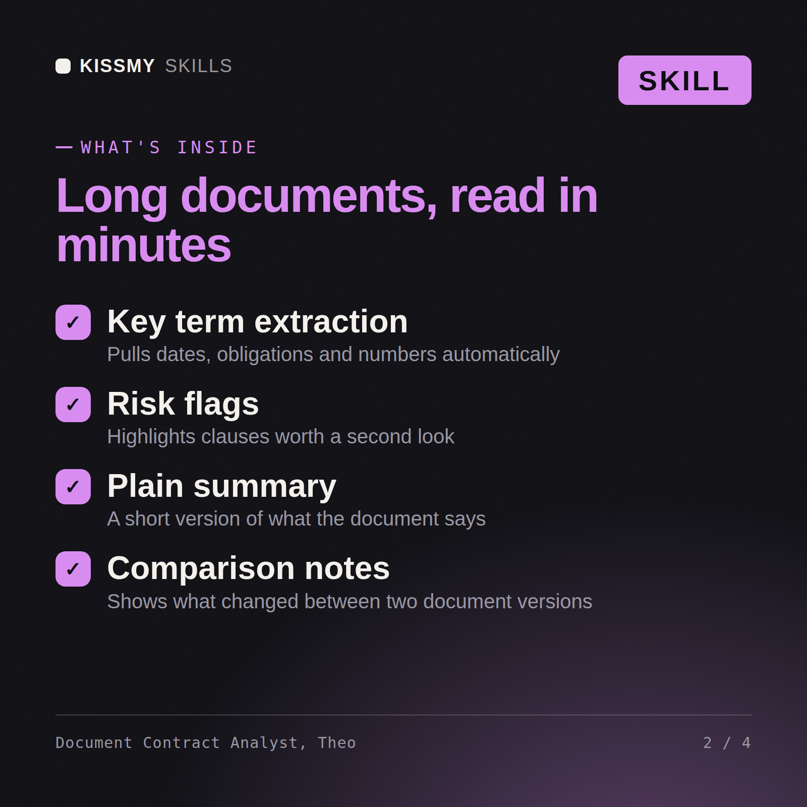 What's inside the Document Contract Analyst, Theo AI skill: Key term extraction, Risk flags, Plain summary, Comparison notes