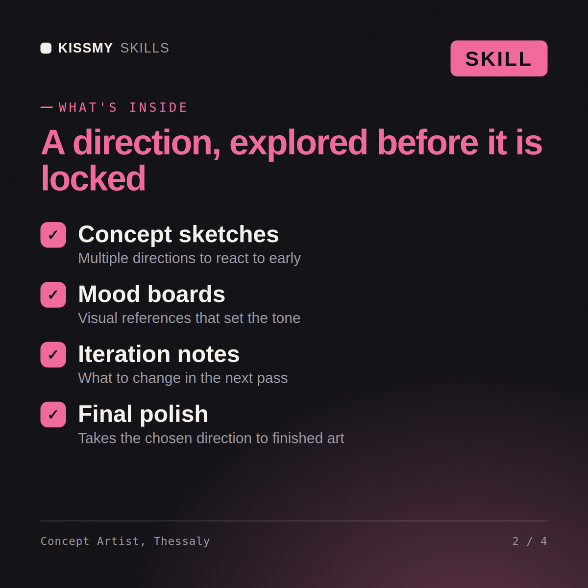 What's inside the Concept Artist, Thessaly AI skill: Concept sketches, Mood boards, Iteration notes, Final polish