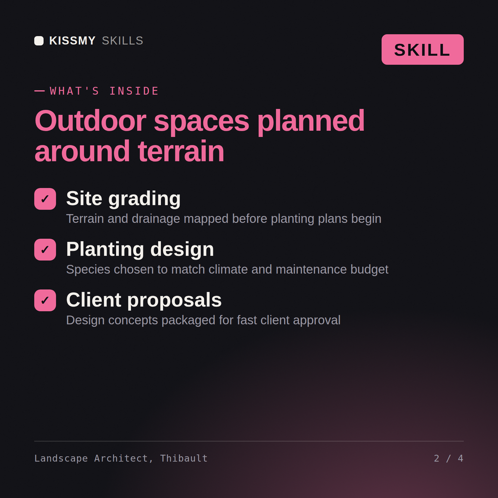 What's inside the Landscape Architect, Thibault AI skill: Site grading, Planting design, Client proposals