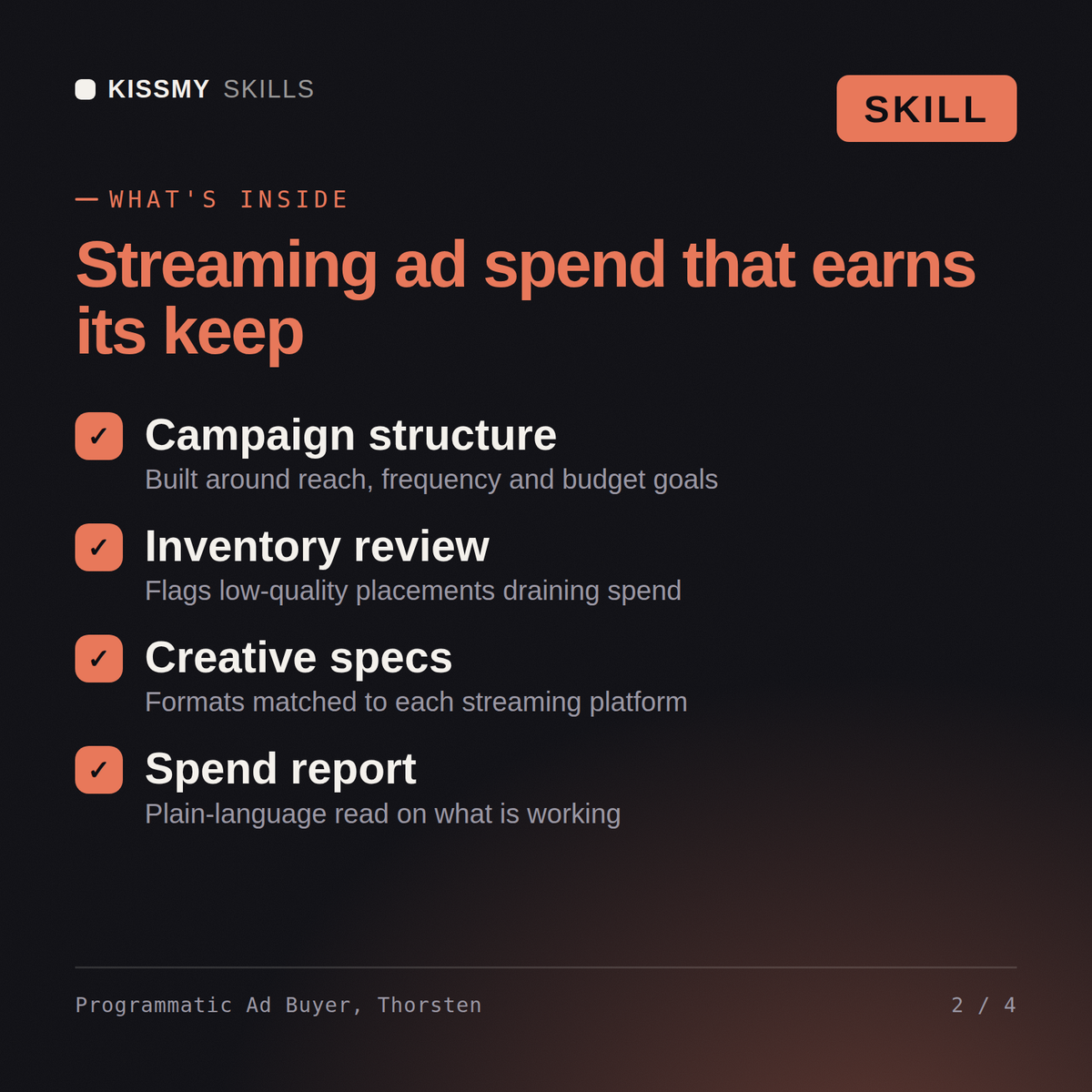 What's inside the Programmatic Ad Buyer, Thorsten AI skill: Campaign structure, Inventory review, Creative specs, Spend report
