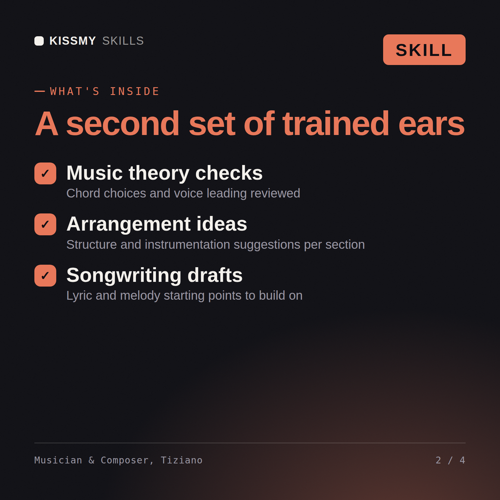 What's inside the Musician & Composer, Tiziano AI skill: Music theory checks, Arrangement ideas, Songwriting drafts