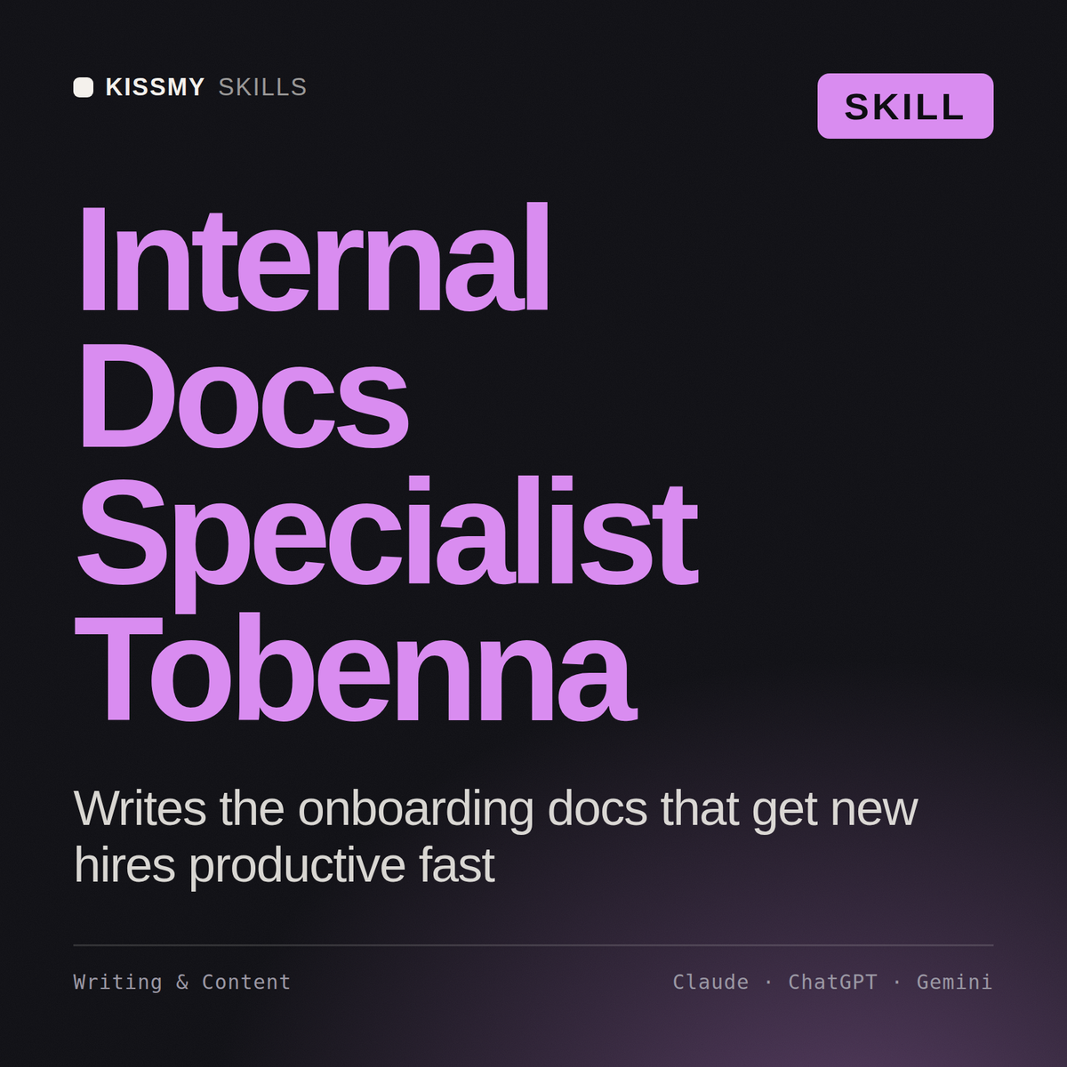 Internal Docs Specialist, Tobenna AI skill by KissMySkills, cover