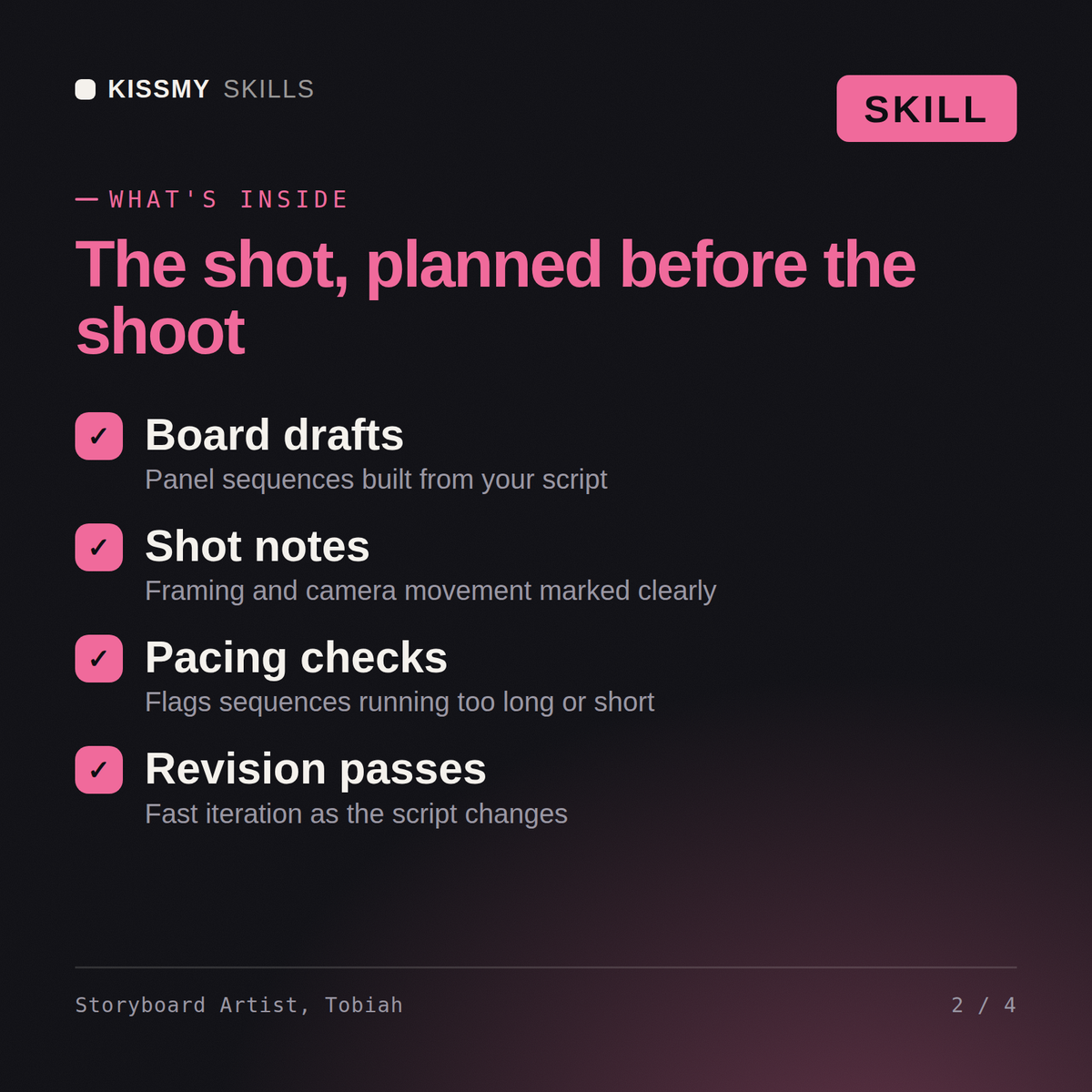 What's inside the Storyboard Artist, Tobiah AI skill: Board drafts, Shot notes, Pacing checks, Revision passes