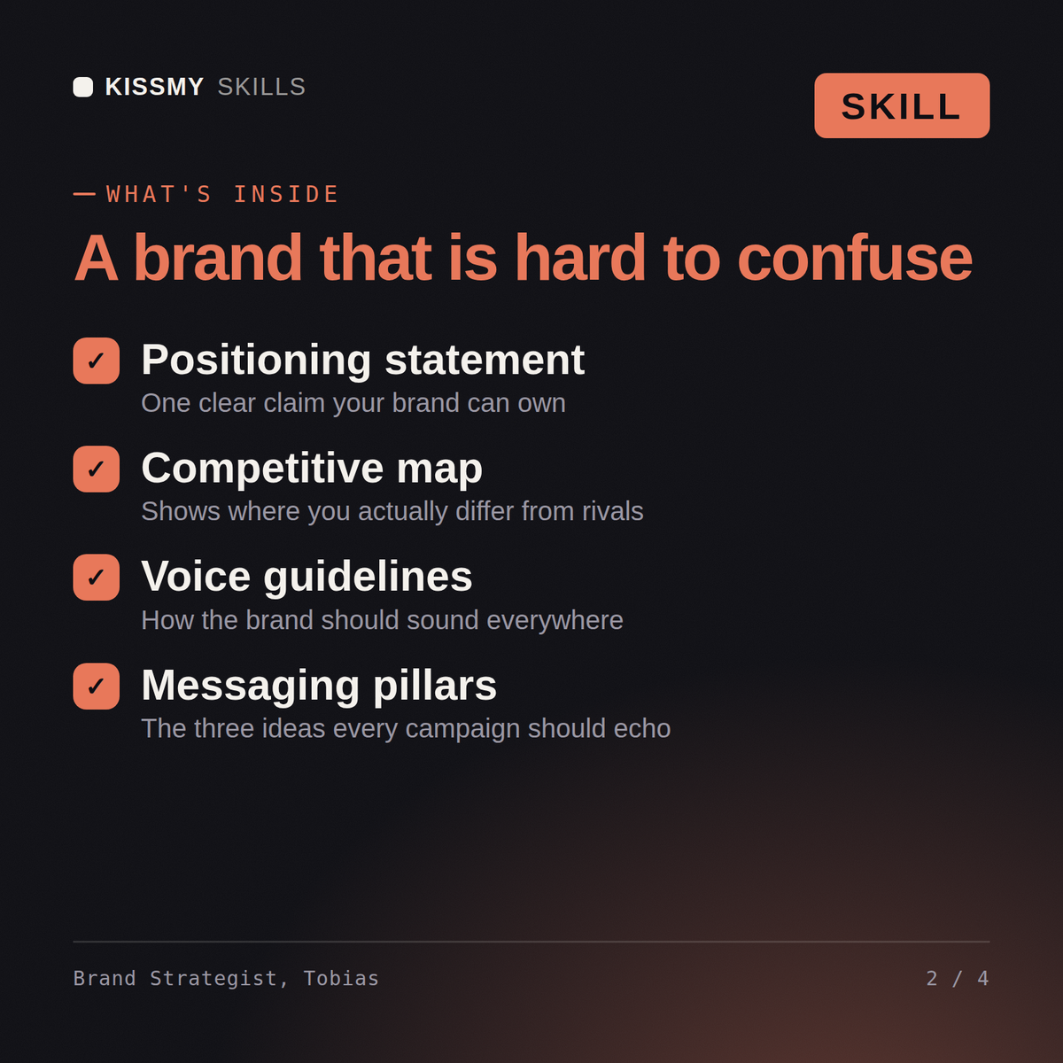 What's inside the Brand Strategist, Tobias AI skill: Positioning statement, Competitive map, Voice guidelines, Messaging pillars