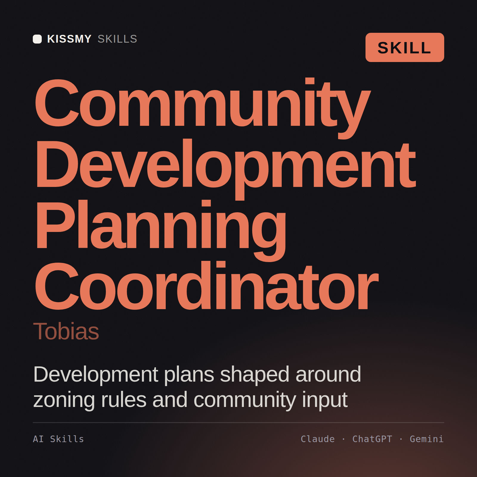 Community Development Planning Coordinator, Tobias AI skill by KissMySkills, cover