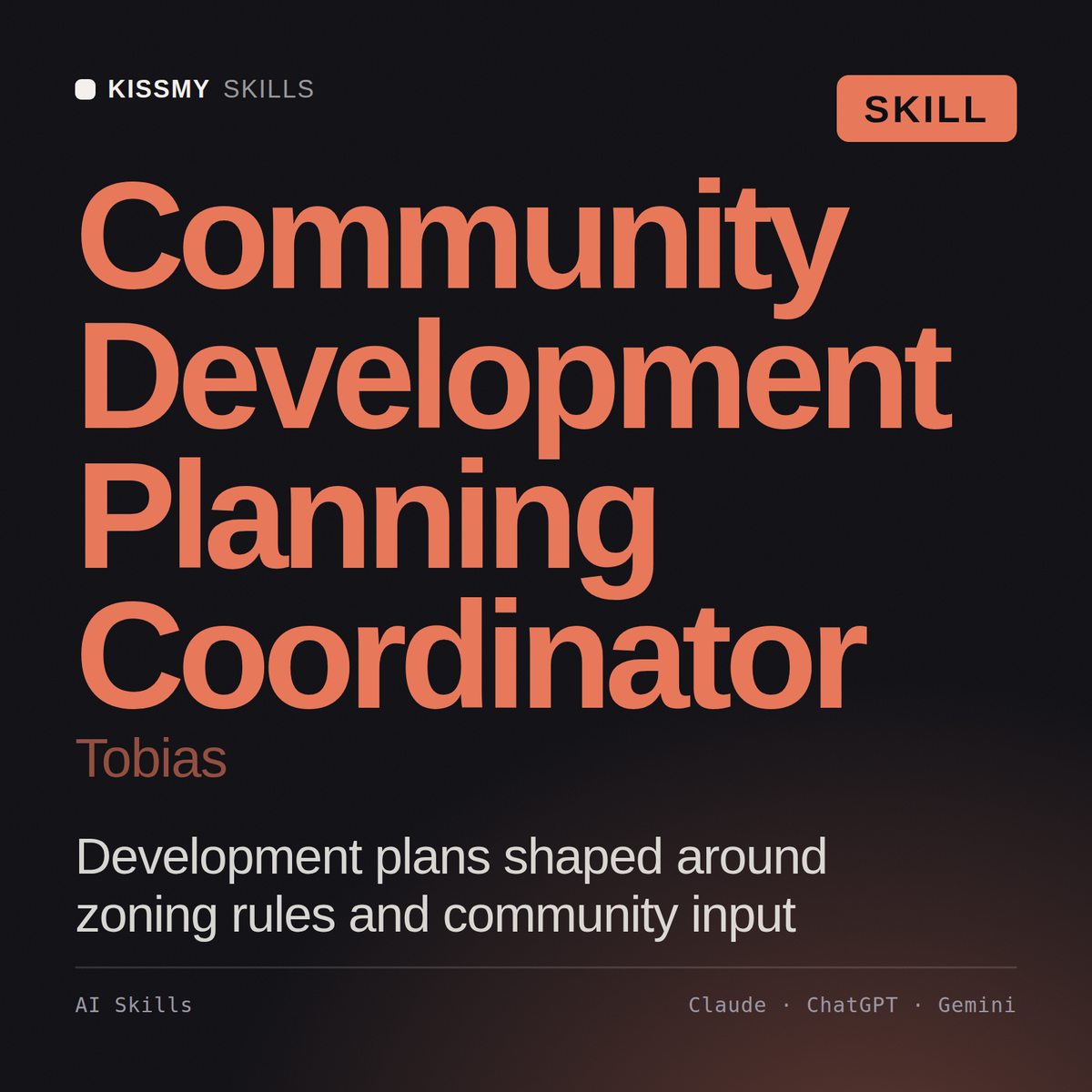 Community Development Planning Coordinator, Tobias AI skill by KissMySkills, cover