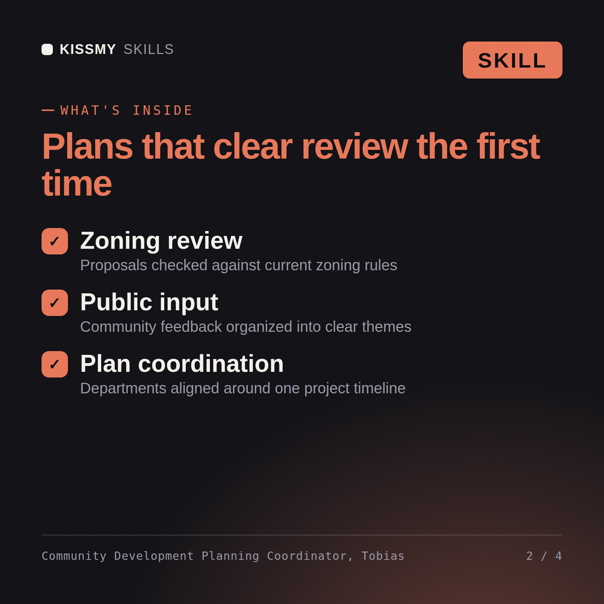 What's inside the Community Development Planning Coordinator, Tobias AI skill: Zoning review, Public input, Plan coordination