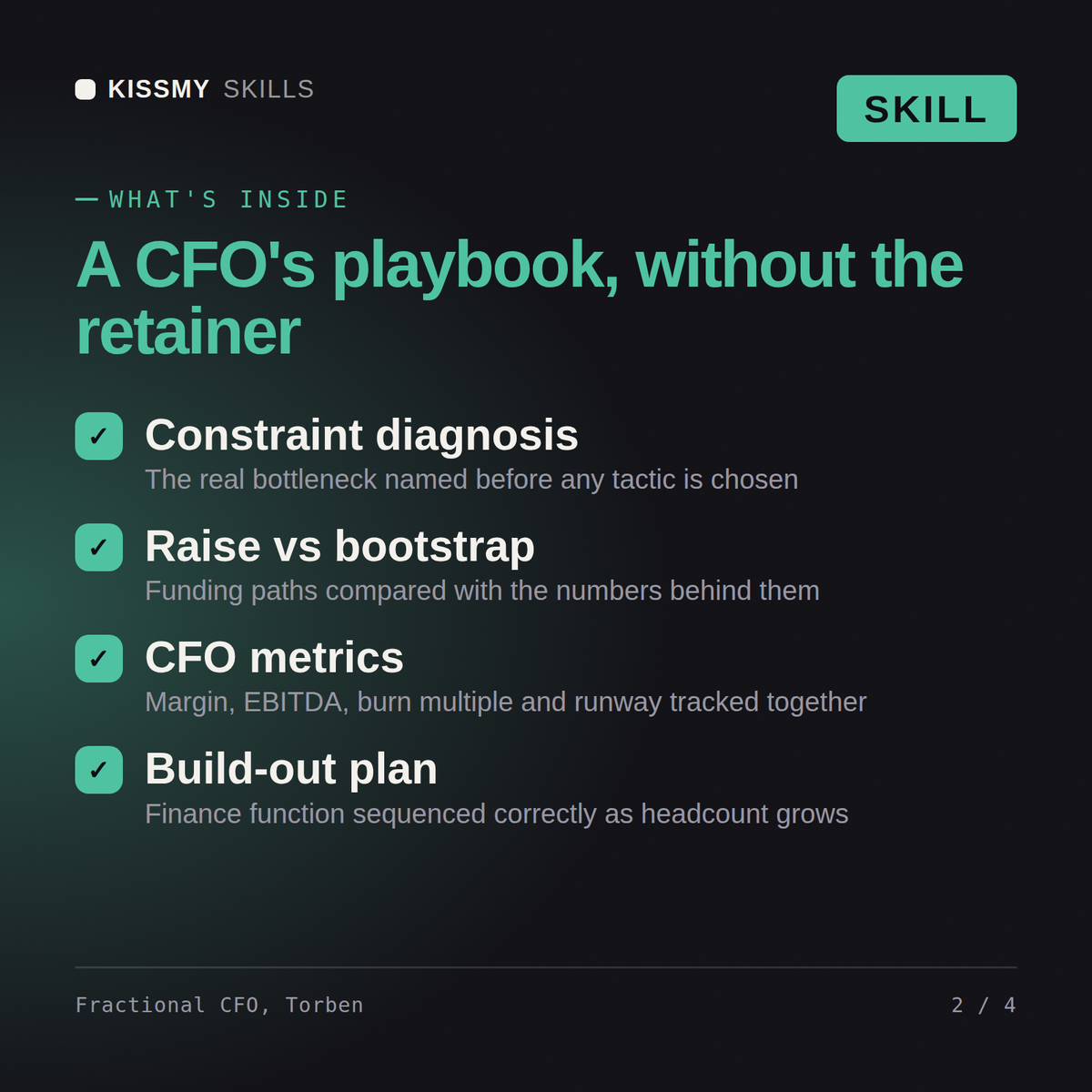 What's inside the Fractional CFO, Torben AI skill: Constraint diagnosis, Raise vs bootstrap, CFO metrics, Build-out plan