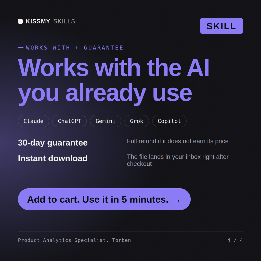 The Product Analytics Specialist, Torben AI skill works with Claude, ChatGPT, Gemini and any AI chat, 30-day money-back guarantee