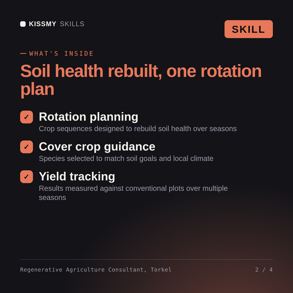 What's inside the Regenerative Agriculture Consultant, Torkel AI skill: Rotation planning, Cover crop guidance, Yield tracking