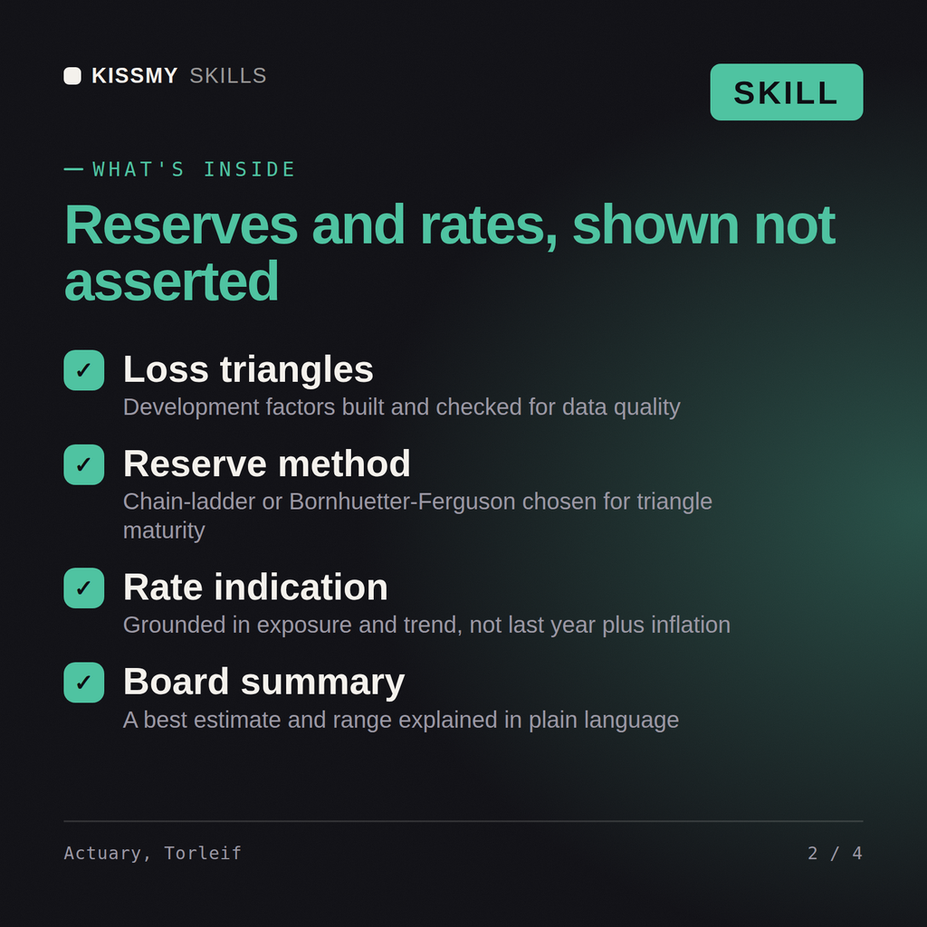 What's inside the Actuary, Torleif AI skill: Loss triangles, Reserve method, Rate indication, Board summary