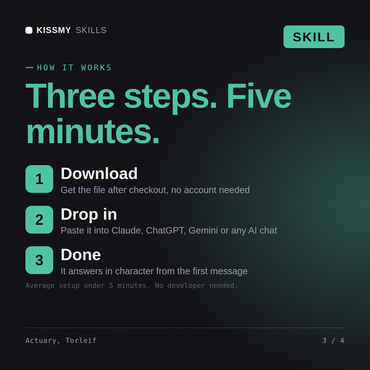 How the Actuary, Torleif AI skill works in three steps: download, drop it into your AI chat, done