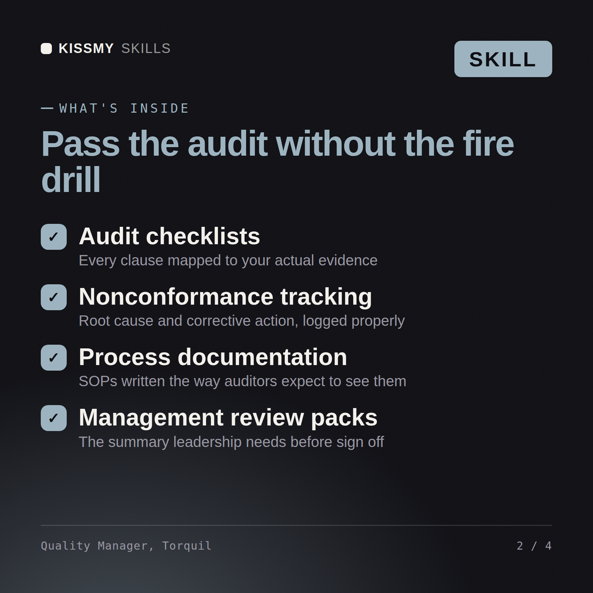 What's inside the Quality Manager, Torquil AI skill: Audit checklists, Nonconformance tracking, Process documentation, Management review packs