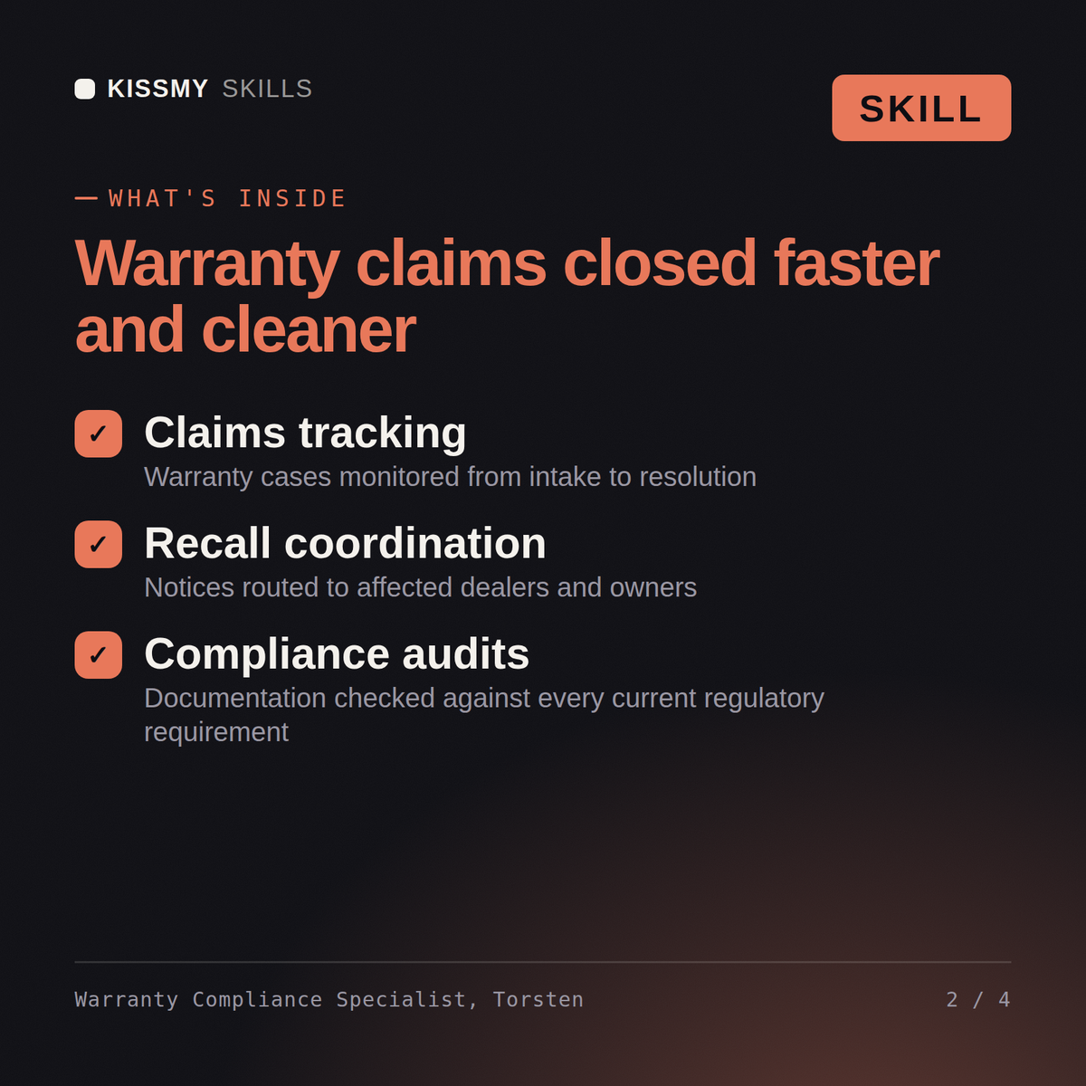 What's inside the Warranty Compliance Specialist, Torsten AI skill: Claims tracking, Recall coordination, Compliance audits