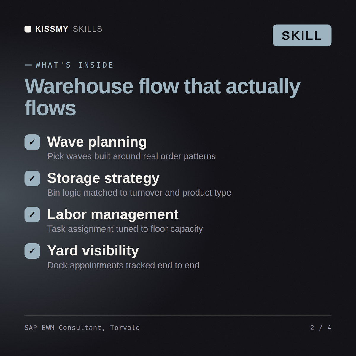 What's inside the SAP EWM Consultant, Torvald AI skill: Wave planning, Storage strategy, Labor management, Yard visibility