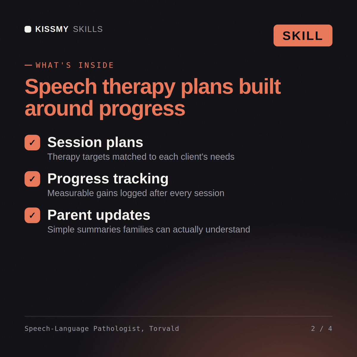 What's inside the Speech-Language Pathologist, Torvald AI skill: Session plans, Progress tracking, Parent updates