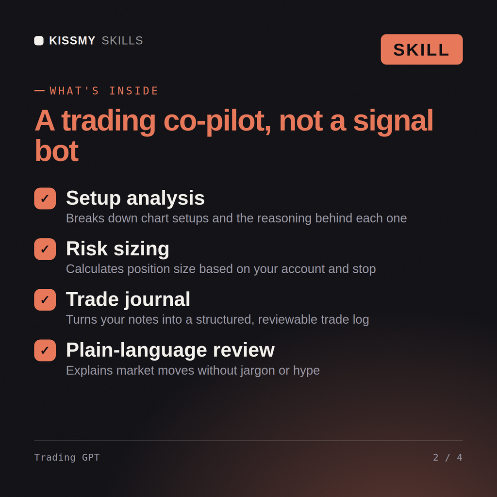 What's inside the Trading GPT AI skill: Setup analysis, Risk sizing, Trade journal, Plain-language review