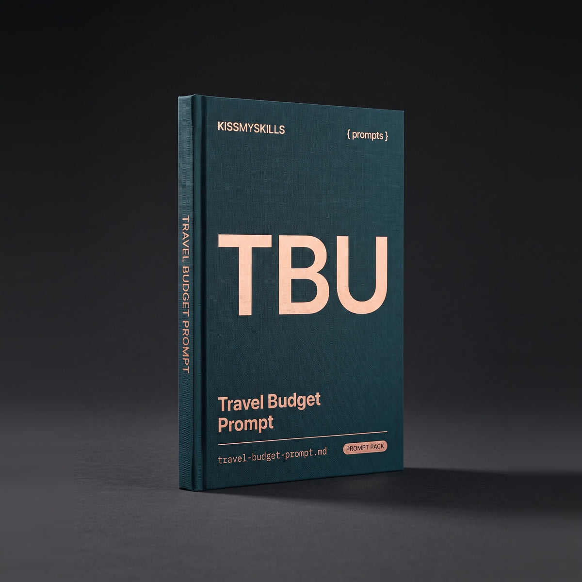 Travel Budget prompts for Claude by KissMySkills, deep teal bookcloth cover with the monogram TBU
