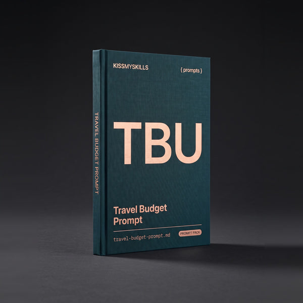 Travel Budget prompts for Claude by KissMySkills, deep teal bookcloth cover with the monogram TBU