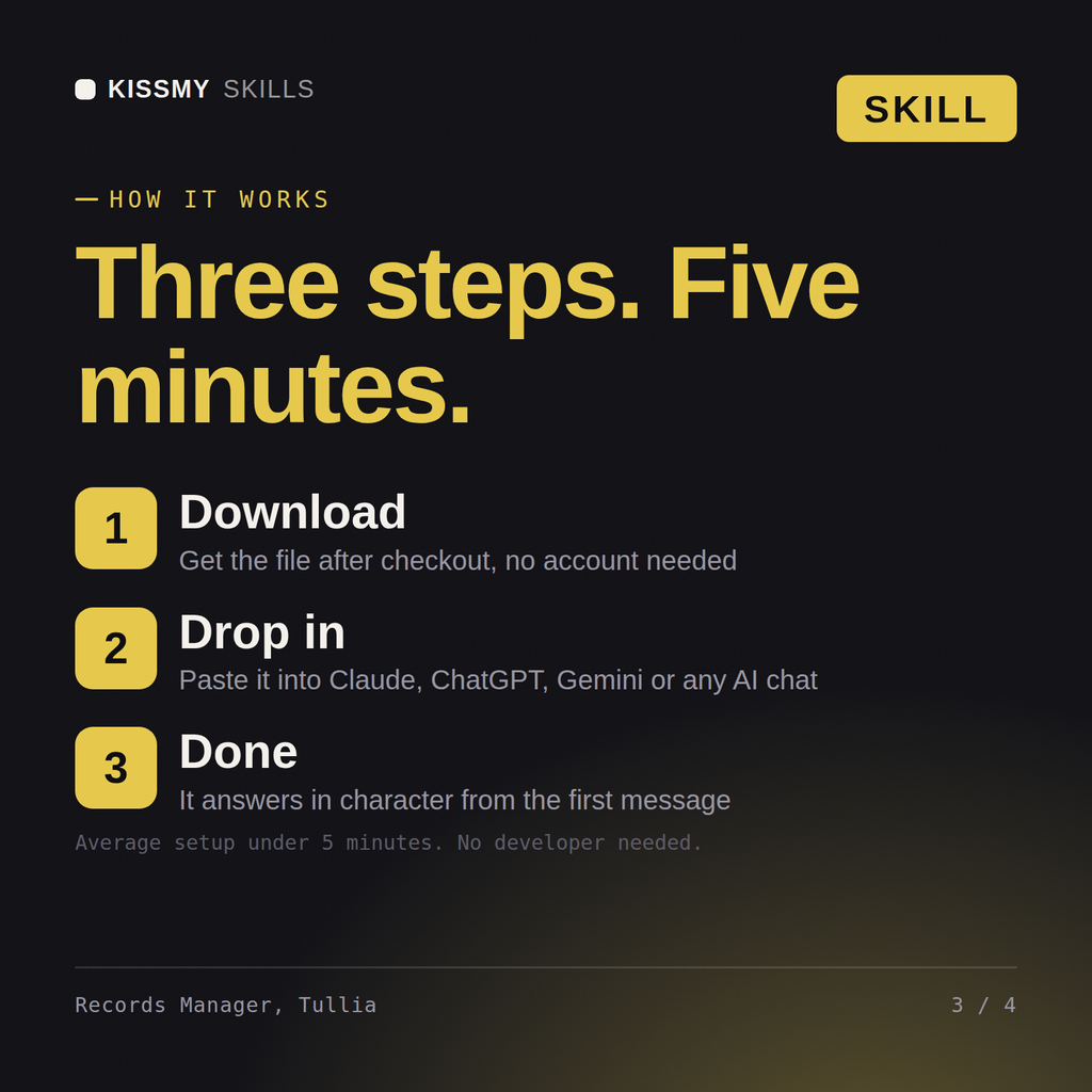 How the Records Manager, Tullia AI skill works in three steps: download, drop it into your AI chat, done