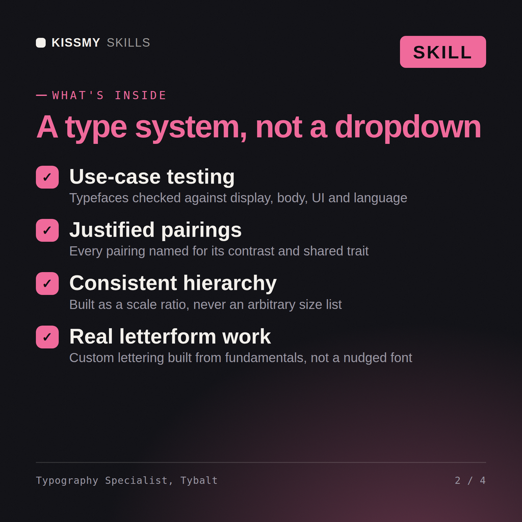 What's inside the Typography Specialist, Tybalt AI skill: Use-case testing, Justified pairings, Consistent hierarchy, Real letterform work