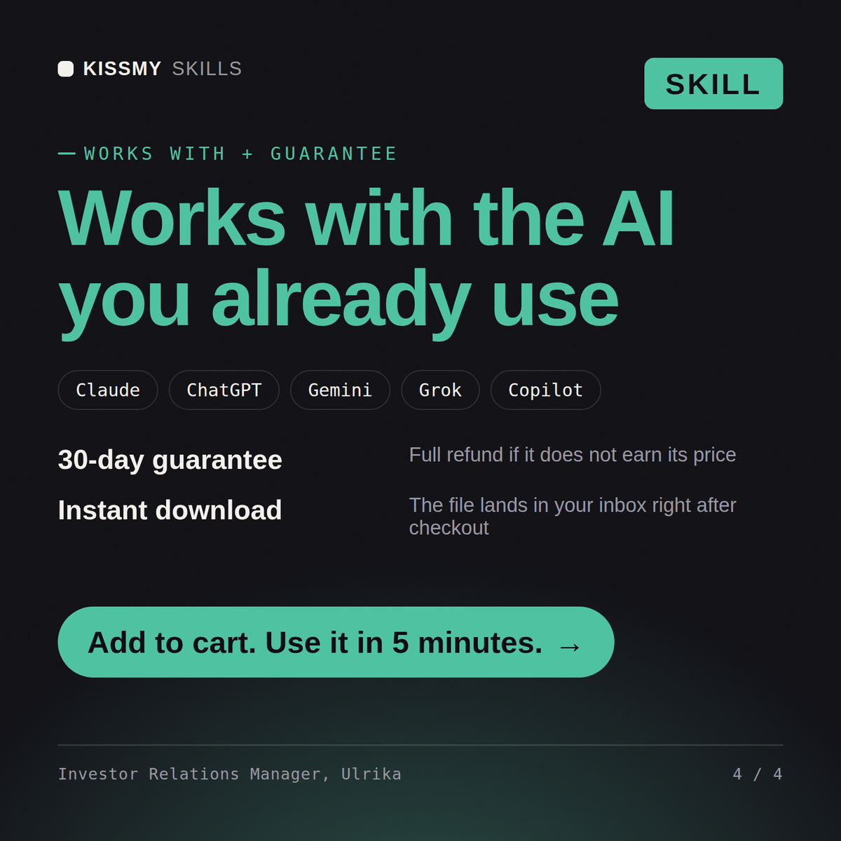 The Investor Relations Manager, Ulrika AI skill works with Claude, ChatGPT, Gemini and any AI chat, 30-day money-back guarantee