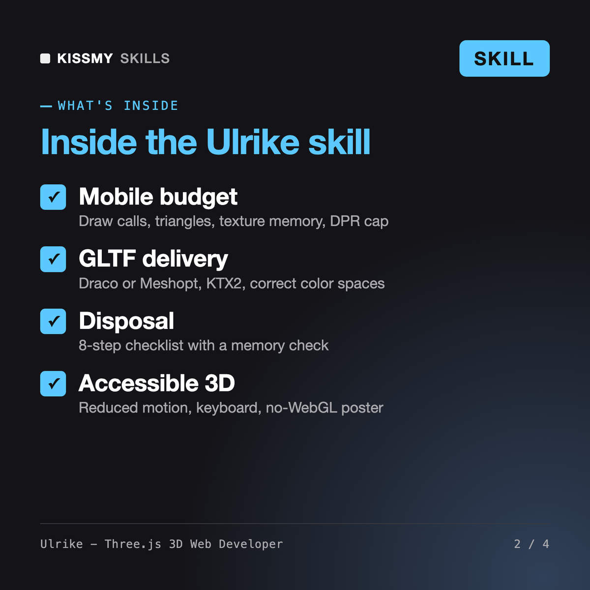 What's inside the Ulrike - Three.js 3D Web Developer AI skill: Mobile budget, GLTF delivery, Disposal, Accessible 3D