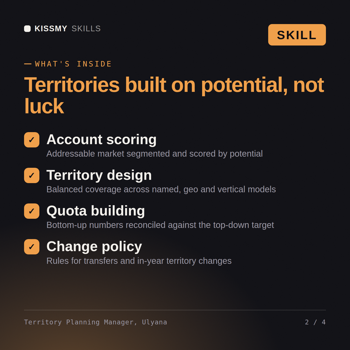 What's inside the Territory Planning Manager, Ulyana AI skill: Account scoring, Territory design, Quota building, Change policy