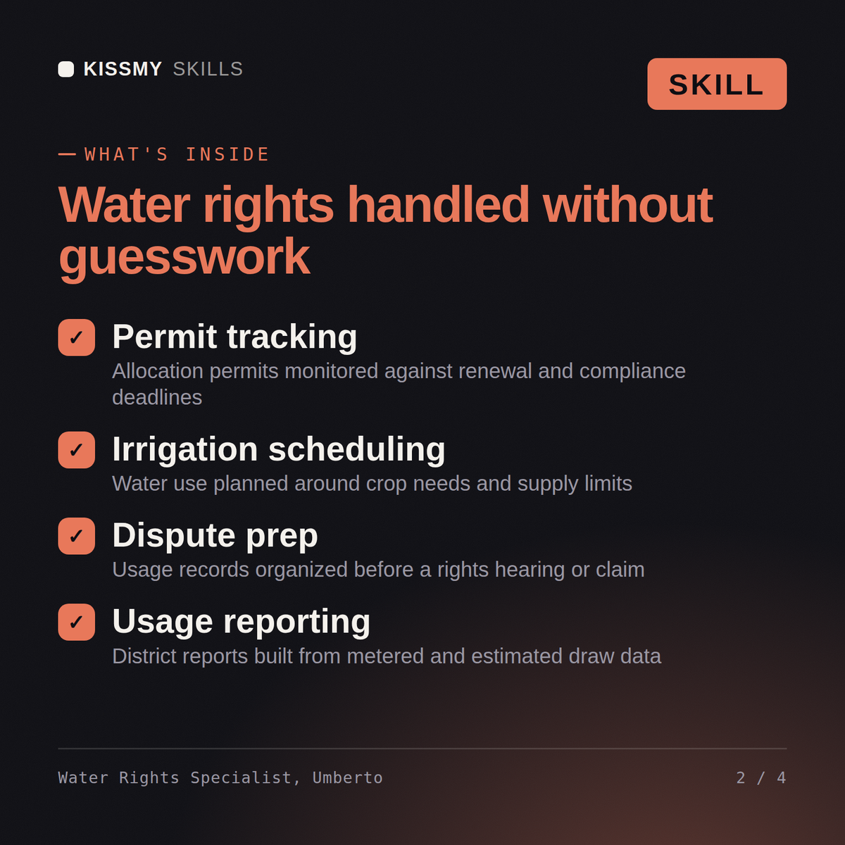 What's inside the Water Rights Specialist, Umberto AI skill: Permit tracking, Irrigation scheduling, Dispute prep, Usage reporting