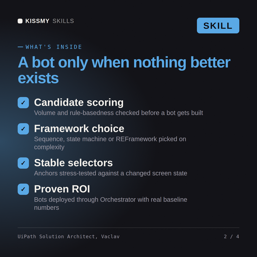 What's inside the UiPath Solution Architect, Vaclav AI skill: Candidate scoring, Framework choice, Stable selectors, Proven ROI