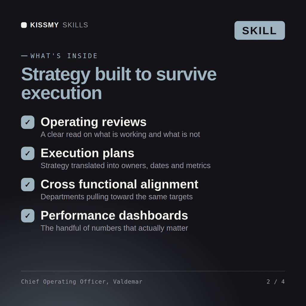What's inside the Chief Operating Officer, Valdemar AI skill: Operating reviews, Execution plans, Cross functional alignment, Performance dashboards