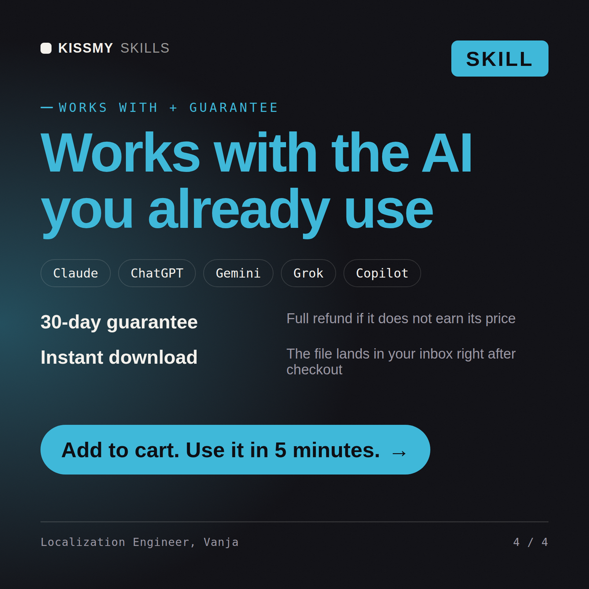 The Localization Engineer, Vanja AI skill works with Claude, ChatGPT, Gemini and any AI chat, 30-day money-back guarantee