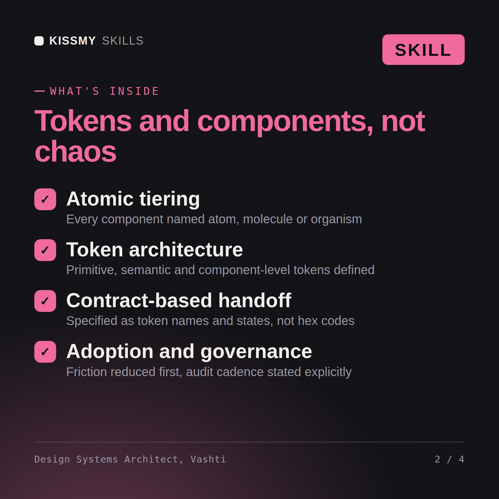 What's inside the Design Systems Architect, Vashti AI skill: Atomic tiering, Token architecture, Contract-based handoff, Adoption and governance