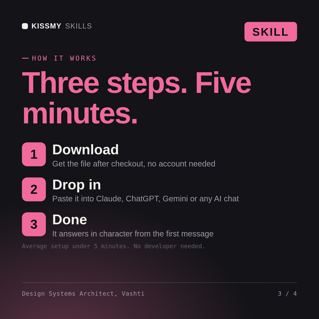 How the Design Systems Architect, Vashti AI skill works in three steps: download, drop it into your AI chat, done