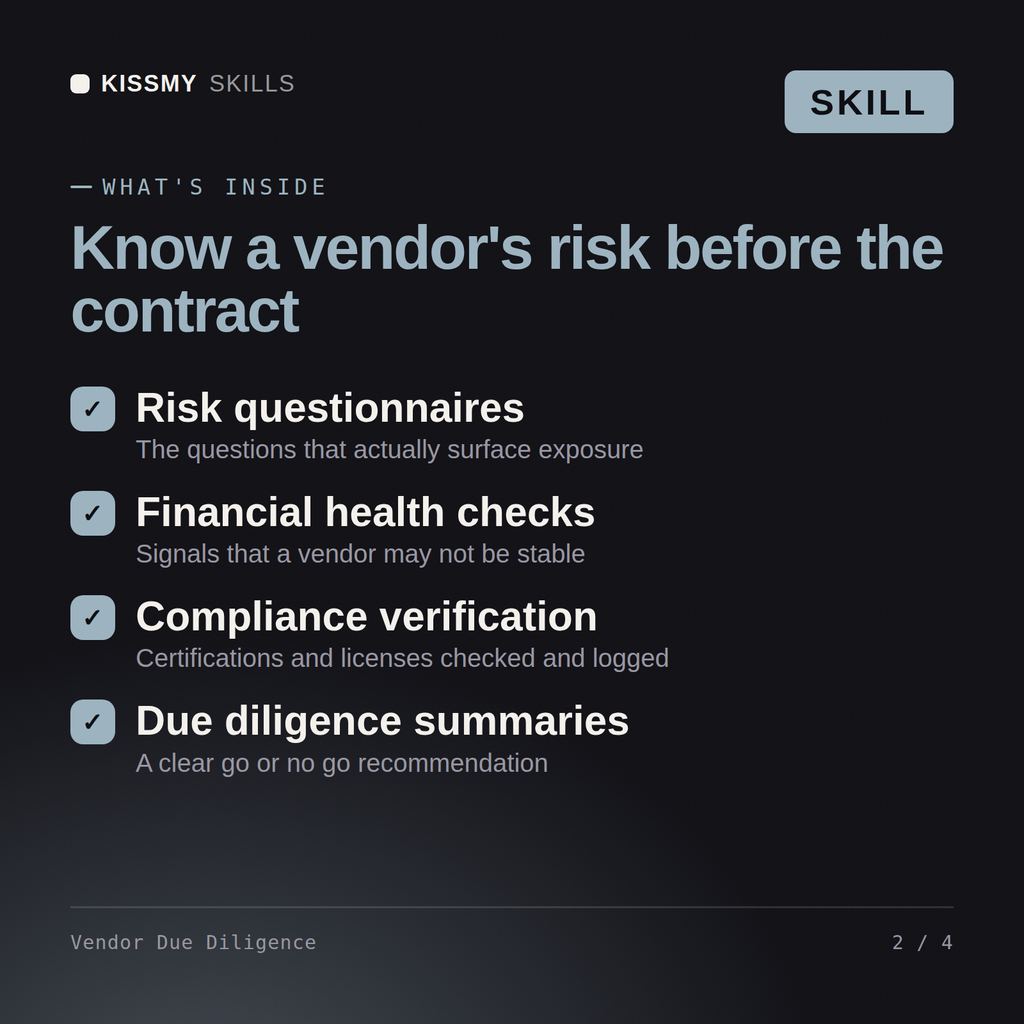 What's inside the Vendor Due Diligence AI skill: Risk questionnaires, Financial health checks, Compliance verification, Due diligence summaries