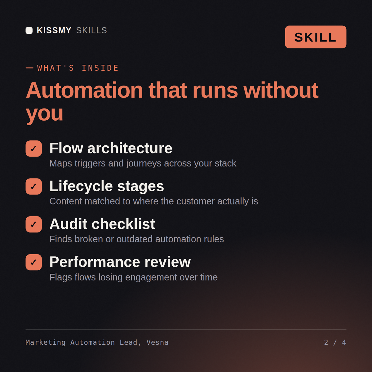 What's inside the Marketing Automation Lead, Vesna AI skill: Flow architecture, Lifecycle stages, Audit checklist, Performance review