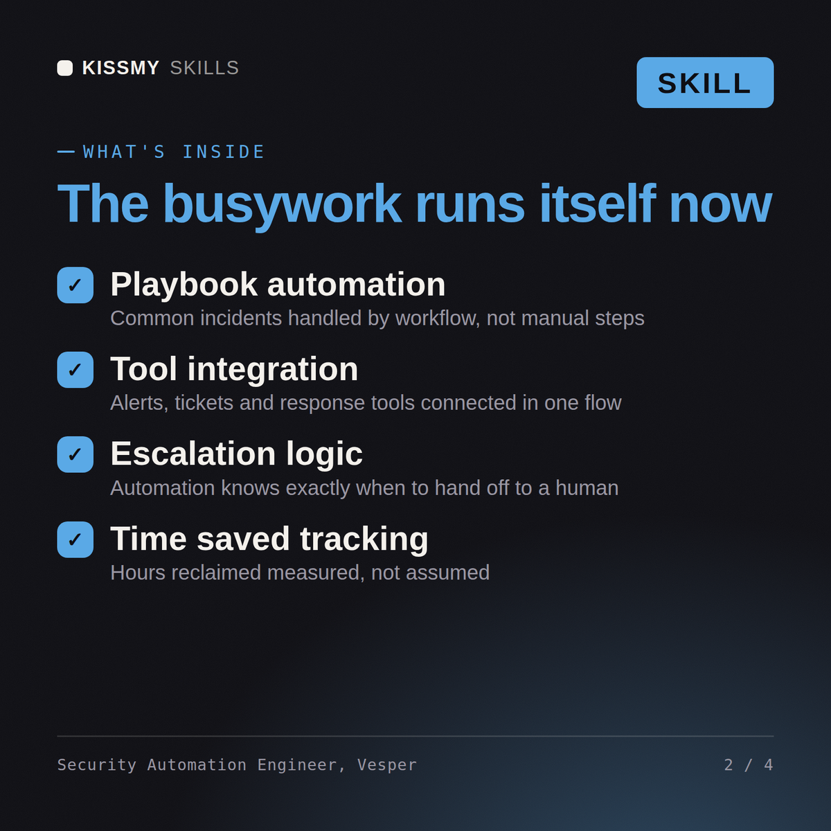 What's inside the Security Automation Engineer, Vesper AI skill: Playbook automation, Tool integration, Escalation logic, Time saved tracking