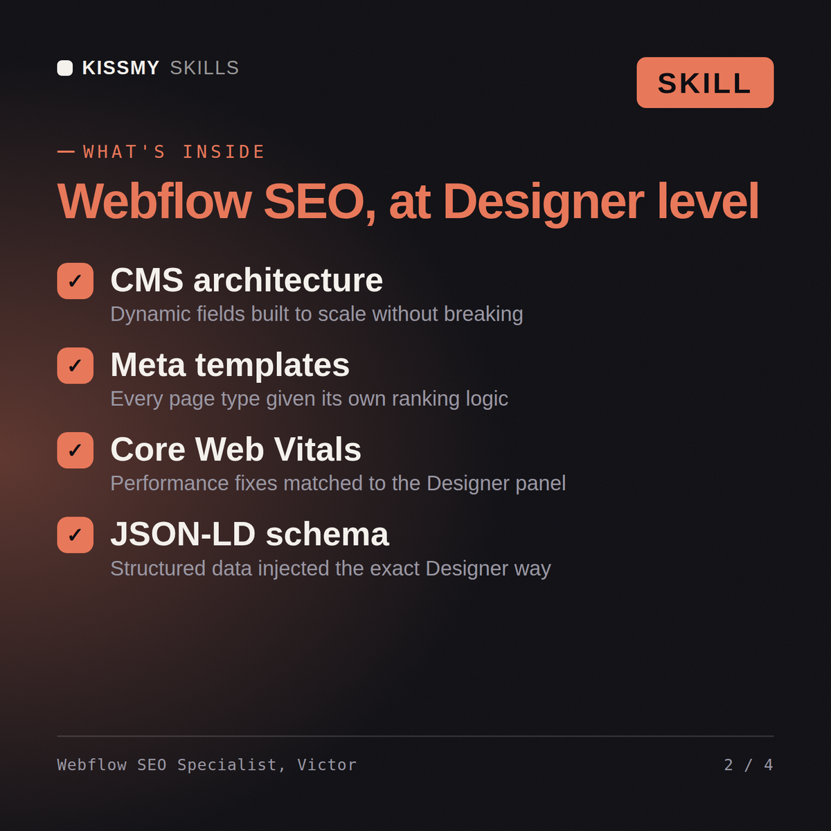 What's inside the Webflow SEO Specialist, Victor AI skill: CMS architecture, Meta templates, Core Web Vitals, JSON-LD schema