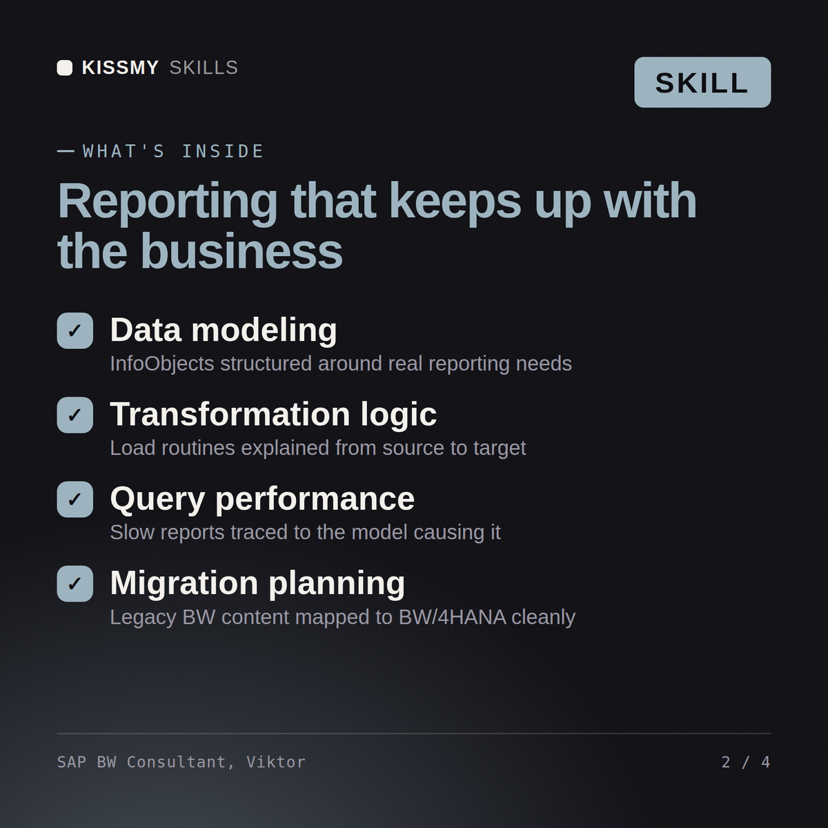 What's inside the SAP BW Consultant, Viktor AI skill: Data modeling, Transformation logic, Query performance, Migration planning