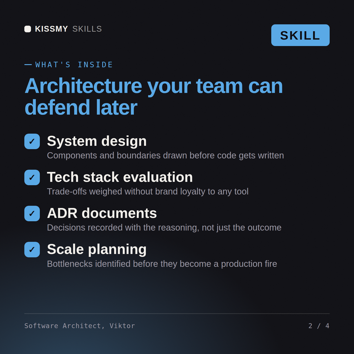 What's inside the Software Architect, Viktor AI skill: System design, Tech stack evaluation, ADR documents, Scale planning