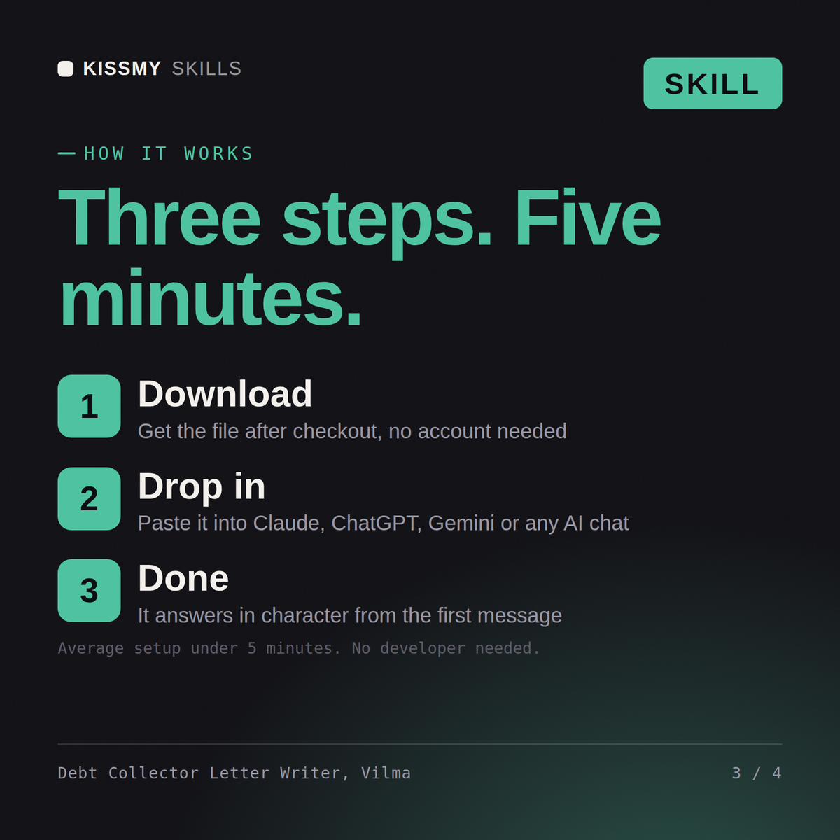 How the Debt Collector Letter Writer, Vilma AI skill works in three steps: download, drop it into your AI chat, done