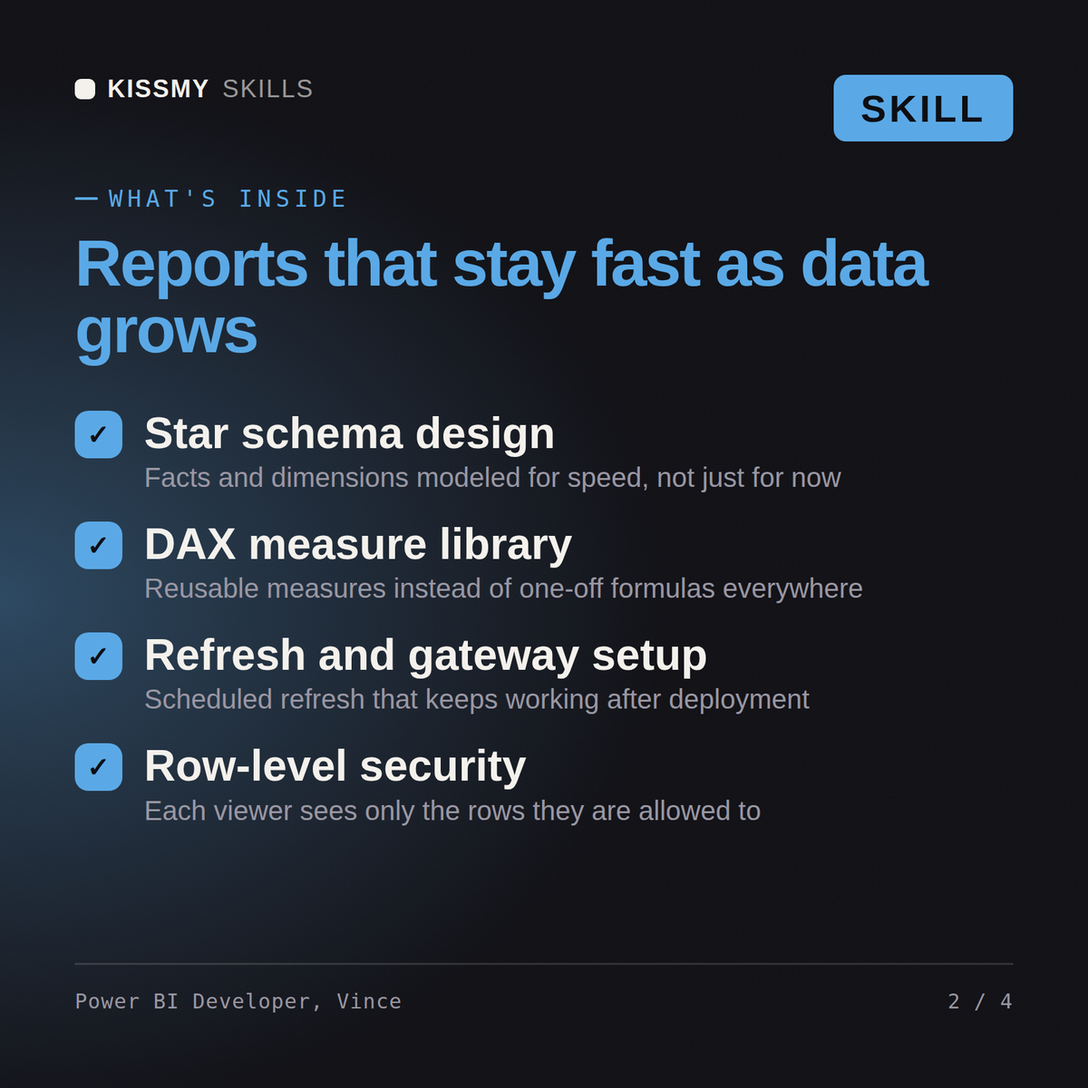 What's inside the Power BI Developer, Vince AI skill: Star schema design, DAX measure library, Refresh and gateway setup, Row-level security