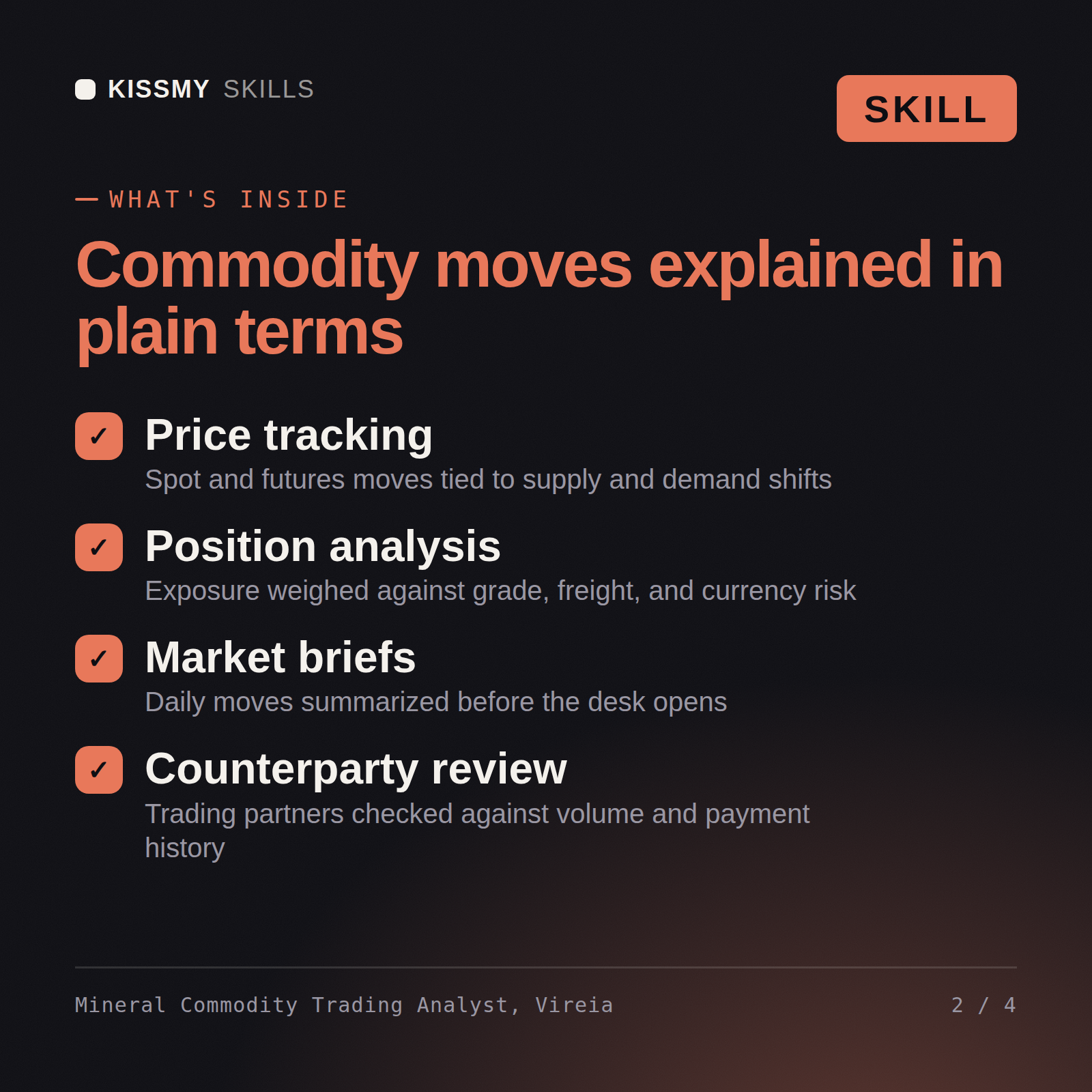 What's inside the Mineral Commodity Trading Analyst, Vireia AI skill: Price tracking, Position analysis, Market briefs, Counterparty review